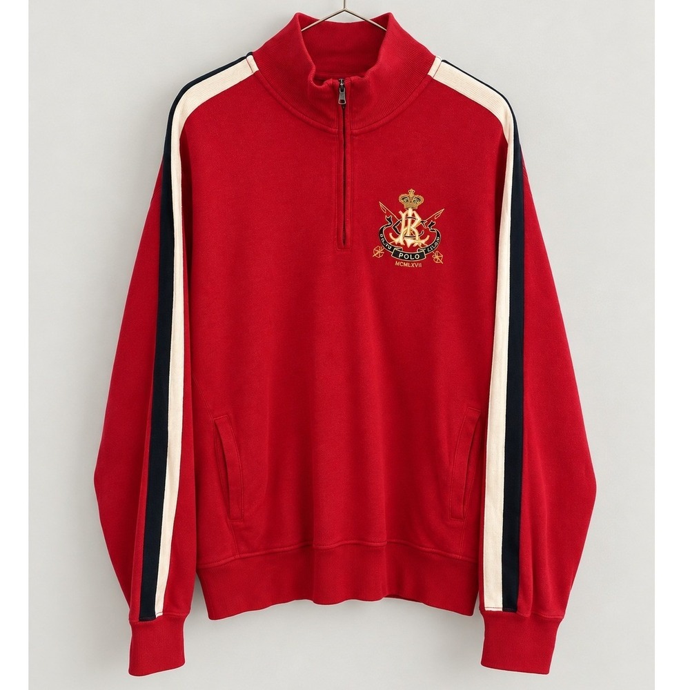 Polo Ralph Lauren 1/4 Zip Pullover Mens XL Red Crest Stripe Sweatshirt Rugby Vtg
